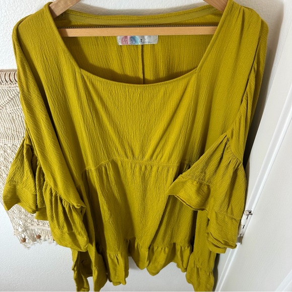 Free People FP Beach Boho Ruffle Sleeve Beach Dress Chartreuse Mustard Gypsy M - Picture 7 of 9